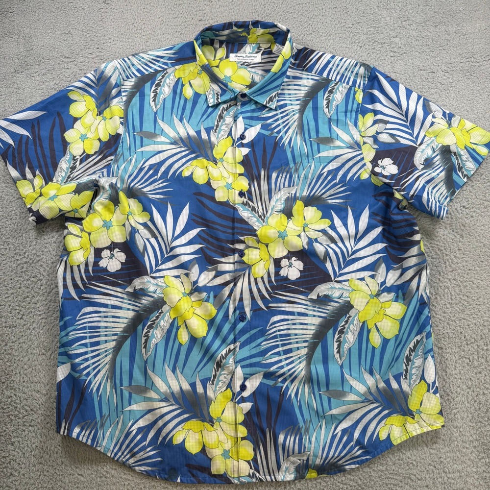 Tommy Bahama Mens XXL Blue Yellow Floral Palm Leaf Stretch Hawaiian Shirt 10596